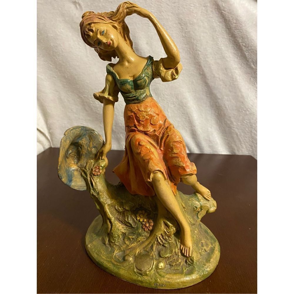 Antique art mark wood carved resin French maiden in Italy